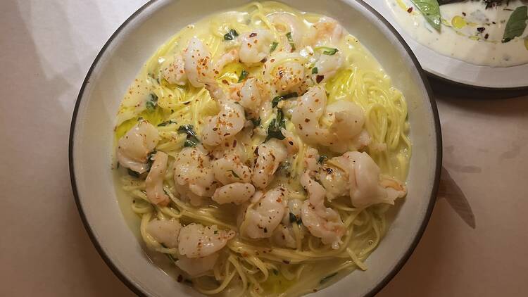 A bowl of the Shrimp with fresh spaghetti