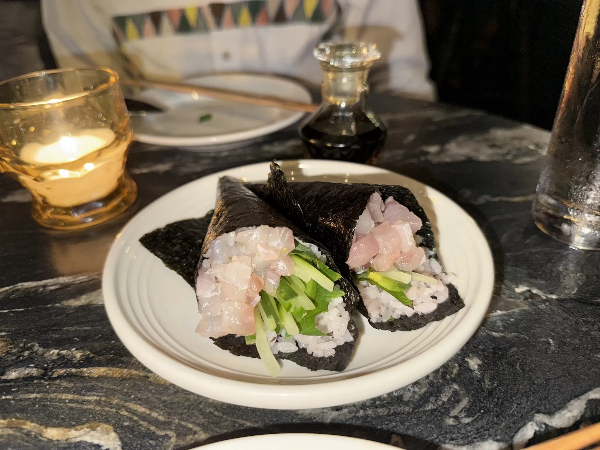 A pair of kanpachi hand rolls from RVR. Each one cost $16.