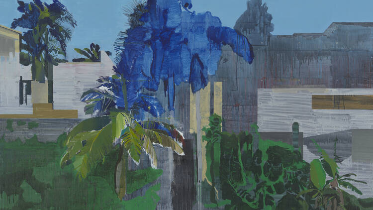 Vibrant Hurvin Anderson painting featuring blue and green palm trees and grey buildings Vibrant Hurvin Anderson painting featuring blue and green palm trees and grey buildings