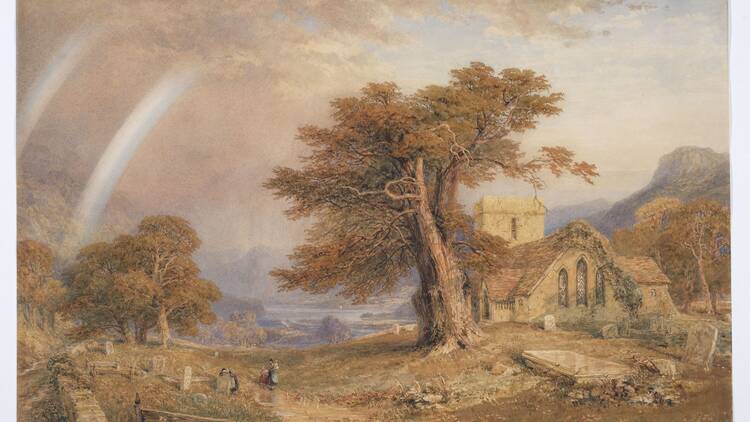 Watercolour painting of a bucolic scene featuring a quaint church, trees and rainbows Watercolour painting of a bucolic scene featuring a quaint church, trees and rainbows