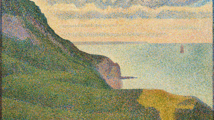 Impressionist oil painting depicting a lush green cliff overlooking the sea in Normandy Impressionist oil painting depicting a lush green cliff overlooking the sea in Normandy