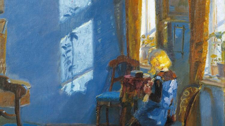 Vibrant painting of a girl sitting by a window in a room painted blue, with sunlight streaming in and making patterns on the wall Vibrant painting of a girl sitting by a window in a room painted blue, with sunlight streaming in and making patterns on the wall