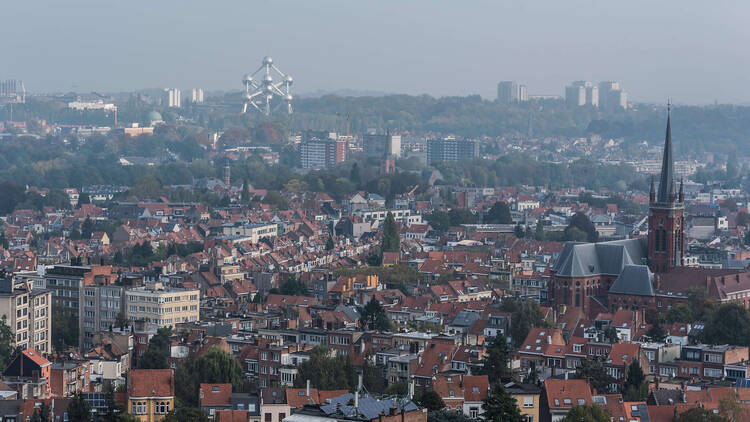 An aerial shot of Brussels and the Atomium in the distance 