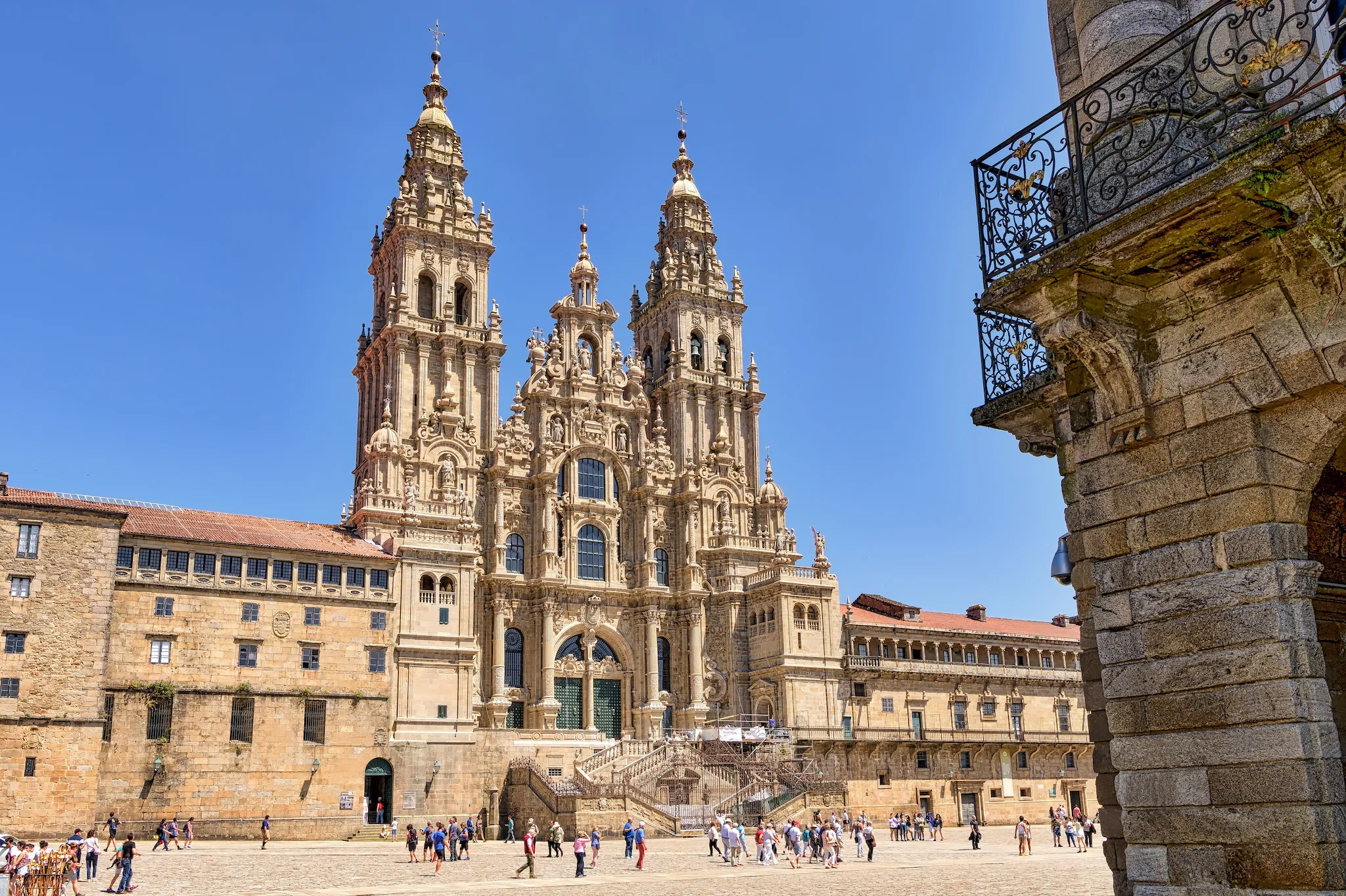 Monumental Santiago de Compostela cathedral facade after restoration and Obradoiro square.