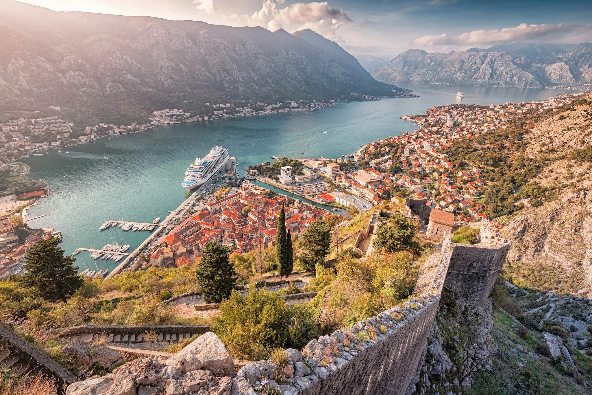Aerial view of Kotor, Montenegro, with its historic fortress walls and Old Town