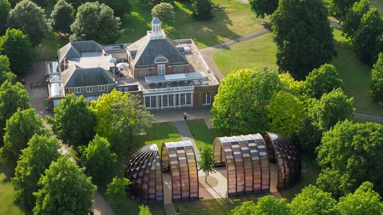Aerial view of the Serpentine Pavilion 2025 in front of the the Serpentine North gallery