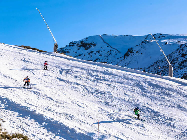 Skiers in sports clothing skiing on snowy mountainside of Sierra Nevada mountain in Spain region on sunny day with clear blue sky