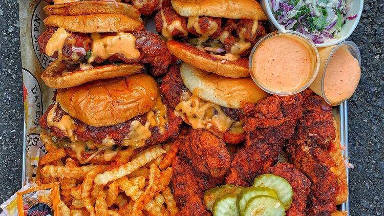 A tray of food from Dave’s Hot Chicken