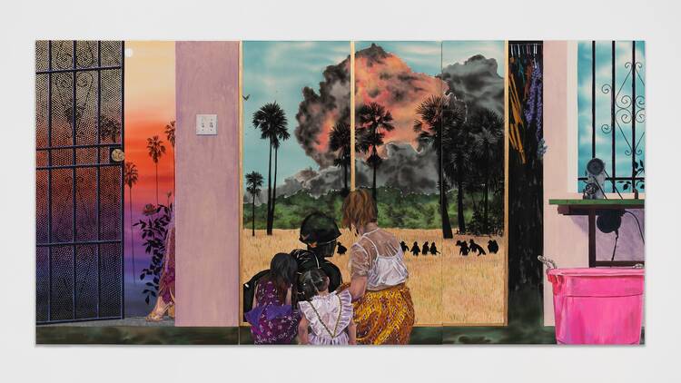 A colourful painting depicting a woman and two girls looking at a painting of a war scene A colourful painting depicting a woman and two girls looking at an image of a war scene