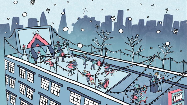 Illustration of rooftop ice rink ICE at Bussey Rooftop Bar