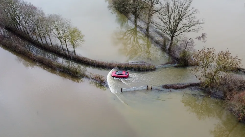 Flooded road in England