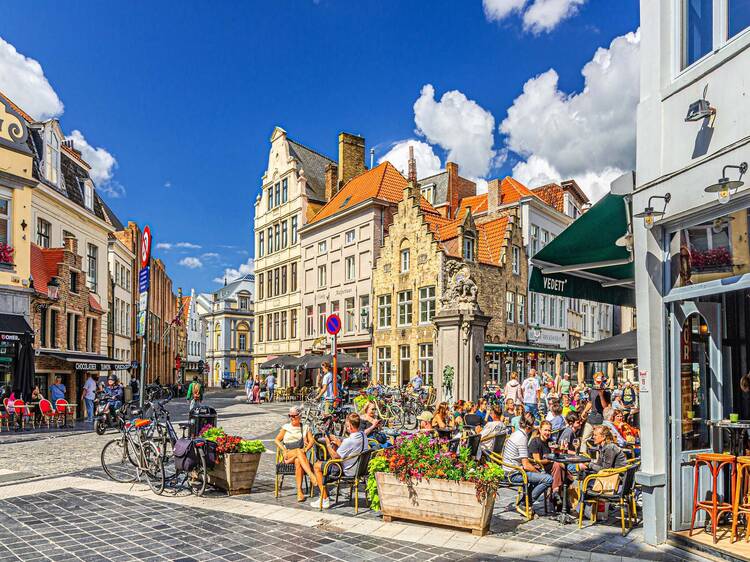 A photo of Bruges with blue skies on a sunny day 