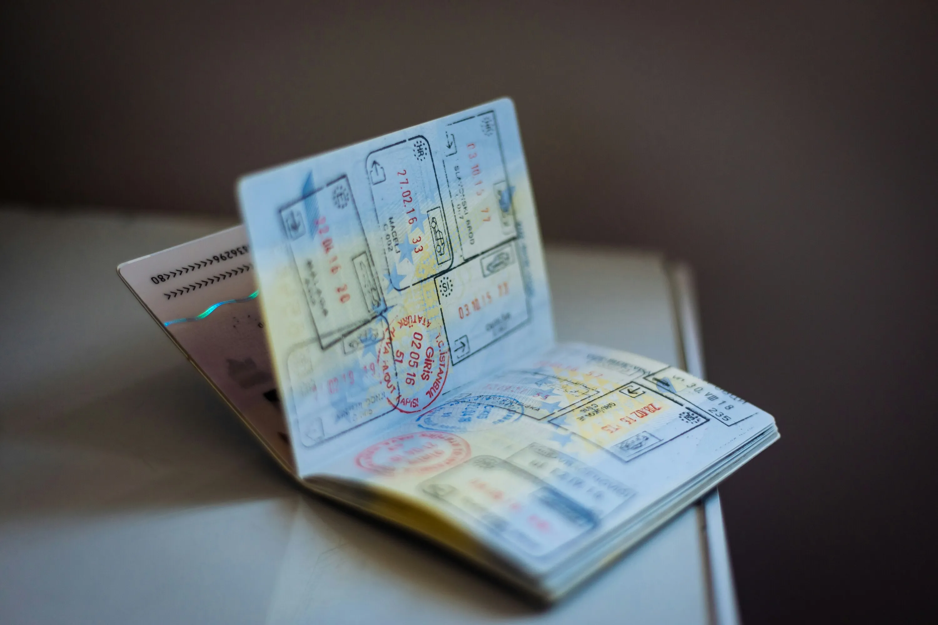 Open passport with stamps