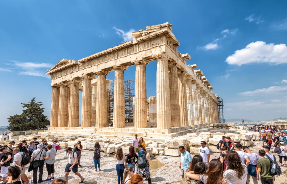 Parthenon showing scaffolding with people outside