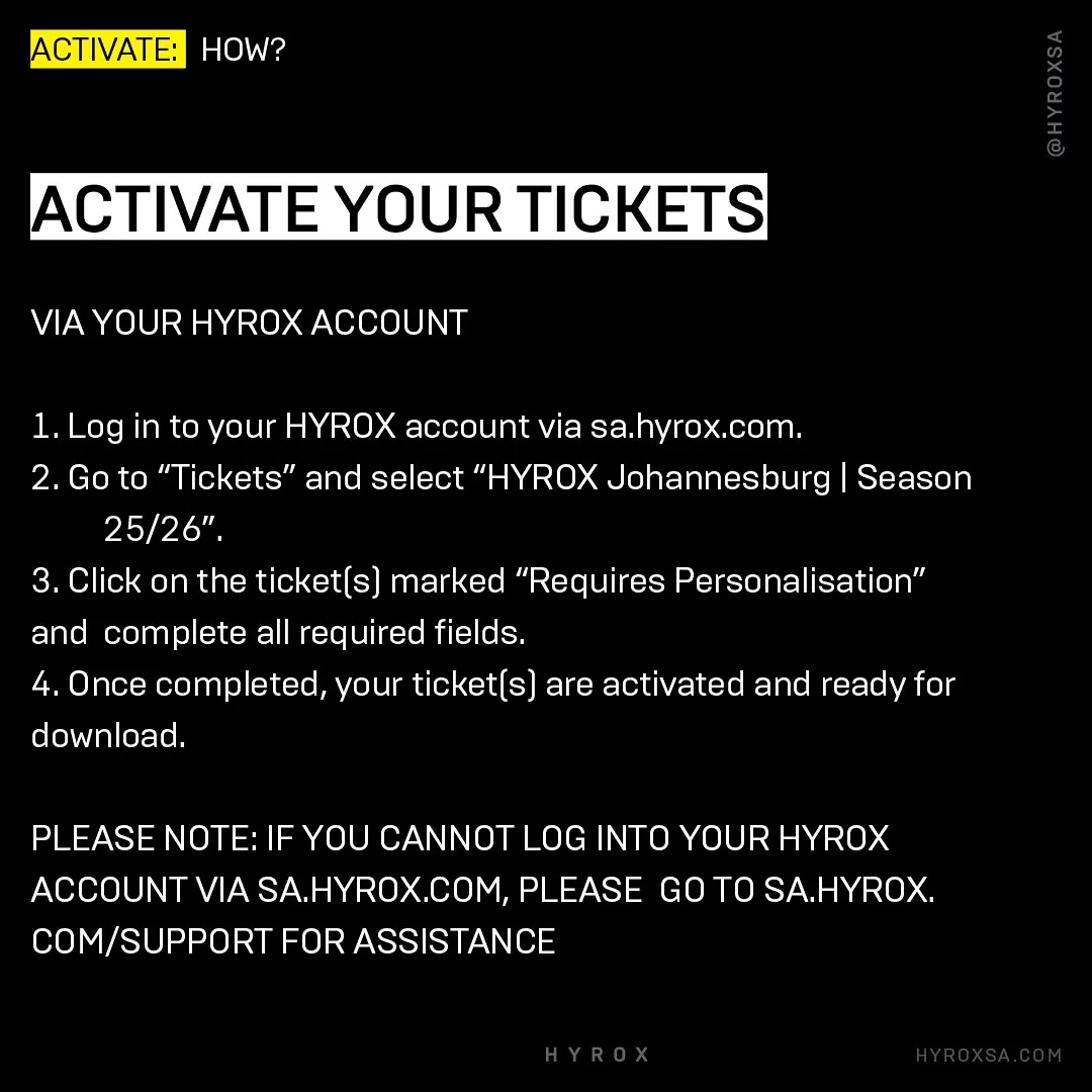 HYROX South Africa how to activate tickets