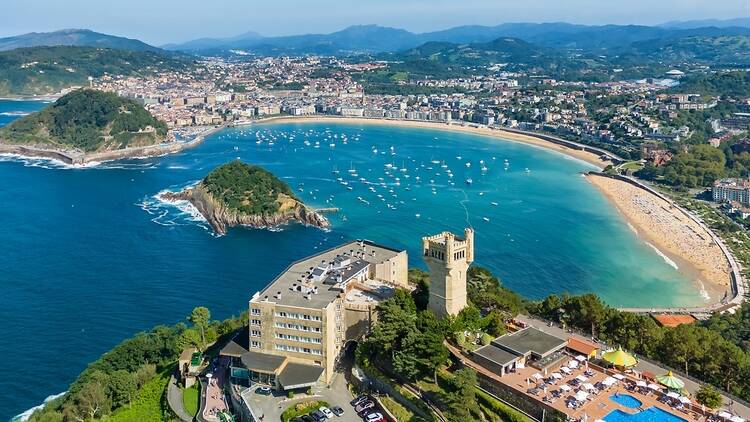 Aerial view of San Sebastian, Basque Country, Spain, showing beach and buildings
