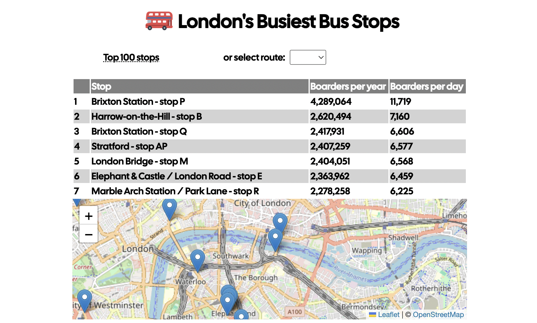Screenshot of London’s Busiest Bus Stops interactive map
