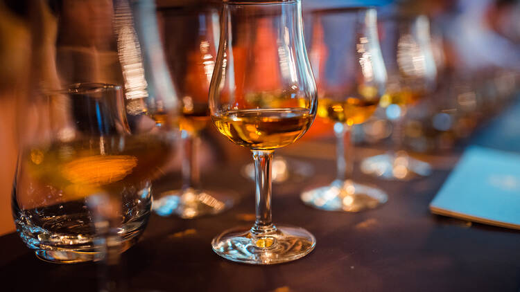 Glasses with brandy stand in a row. Blurred background, warm tinted. Tasting glasses with aged french cognac brandy