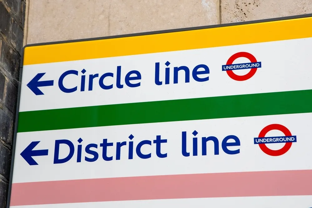 Signs for the Circle line and District line, London