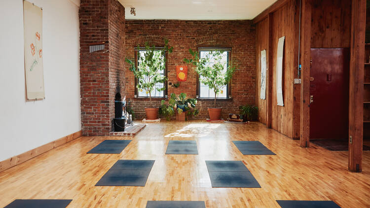 New Vibe Yoga studio with yoga mats on the floor in a sunny space 