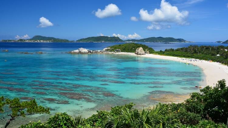 Aharen beach, a cove with white sand and clear water on Tokashiki Island in Okinawa