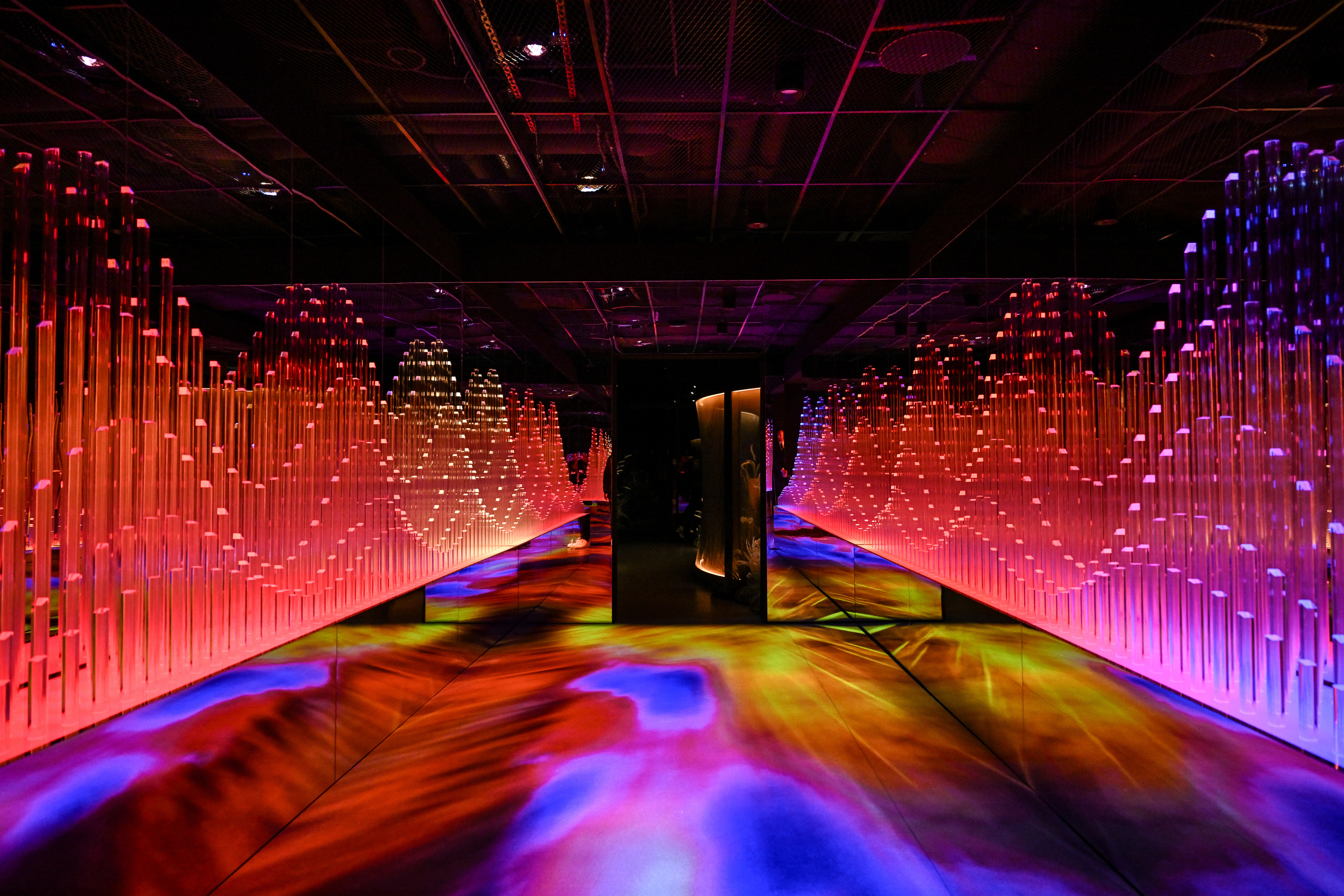 A colorful walkway with crystal-like shapes.