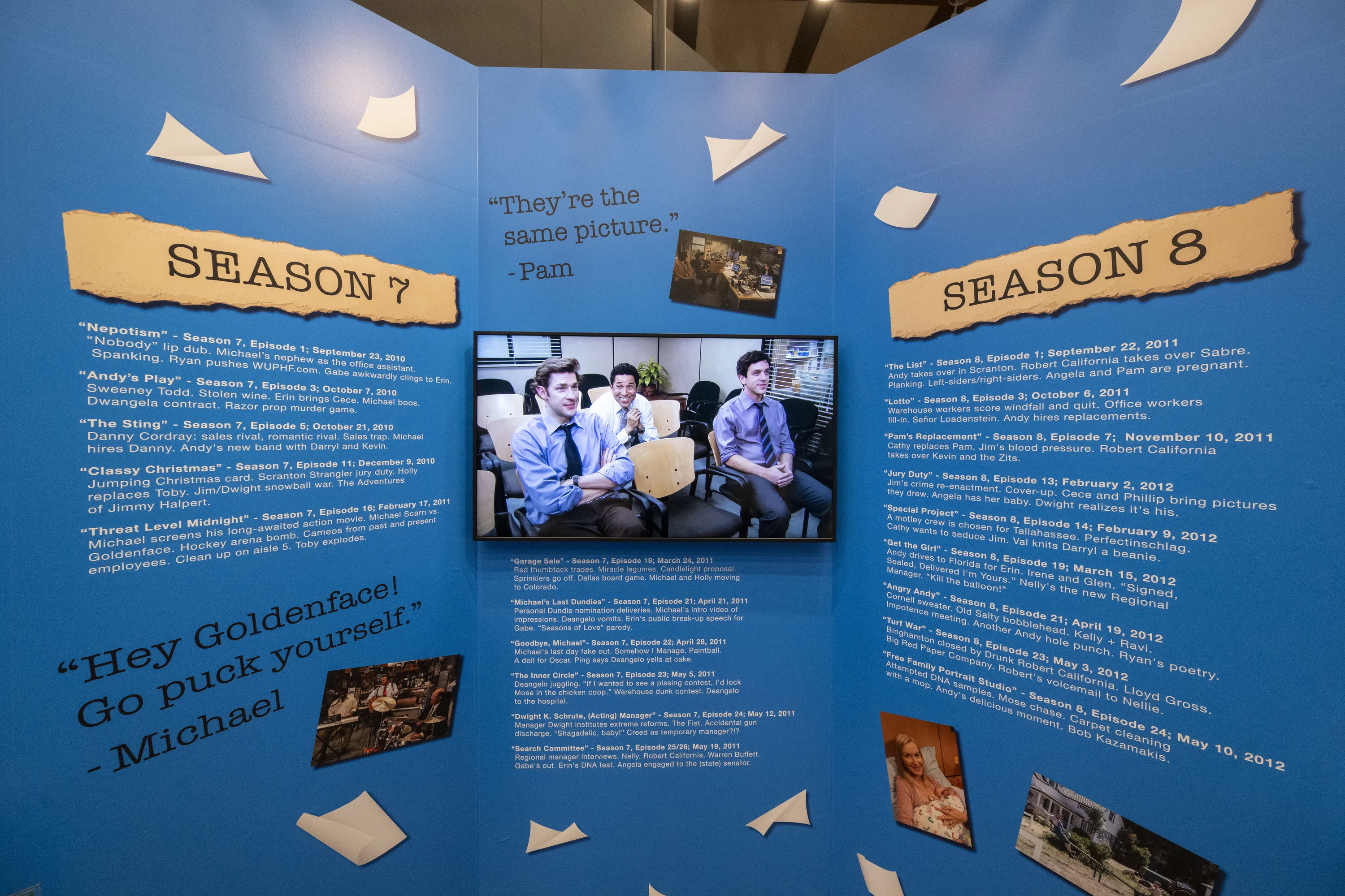 A display of The Office quotes from season 7 and 8, and TV clip on display