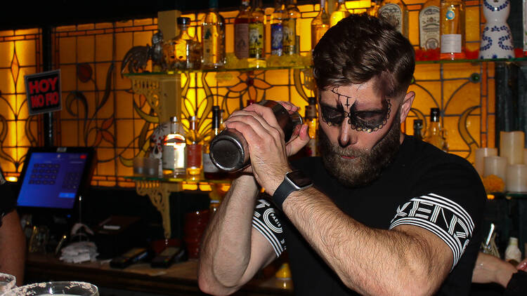 Bar tender with Day of the Dead face paint shaking a cocktail Bar tender with Day of the Dead face paint shaking a cocktail