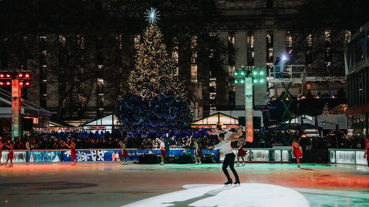 2024 Tree Lighting show at Bank of America Winter Village at Bryant Park in New York City.The Tree Lighting show in Bank of America Winter Village at Bryant Park, New York City. 2024 Tree Lighting show at Bank of America Winter Village at Bryant Park in New York City.The Tree Lighting show in Bank of America Winter Village at Bryant Park, New York City.