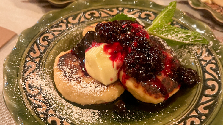 Otakoi Cottage cheese pancakes with cream and jam at Otakoi.