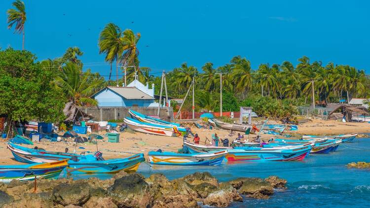 Jaffna Sri Lanka Jaffna, Sri Lanka, February 8, 2022: Fishing boats at the northern coast of Sri Lanka.