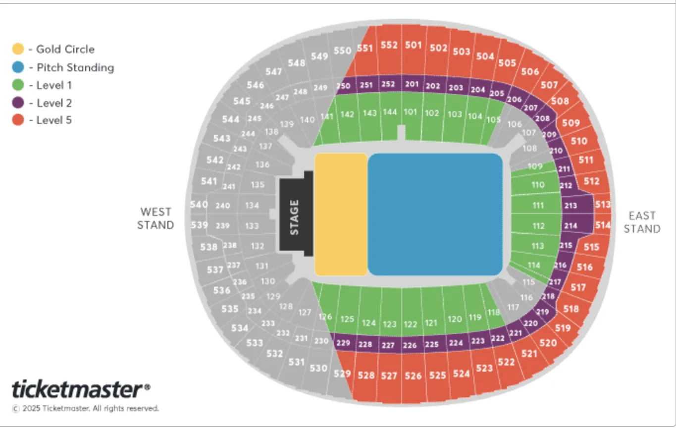 Wembley Stadium in London, seating plan for Bon Jovi