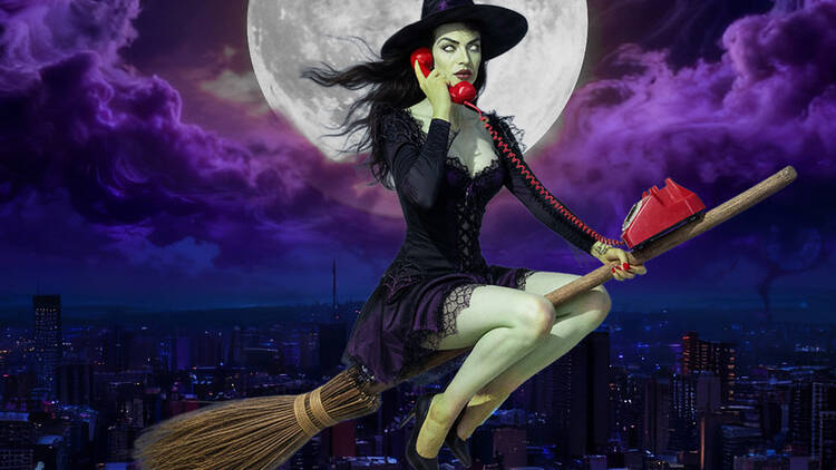 Spooky Spring Break Witch on a broom over the city