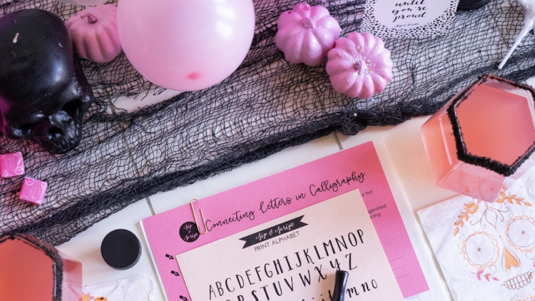 Pink balloons and pink pumpkins with calligraphy equipment Pink balloons and pink pumpkins with calligraphy equipment