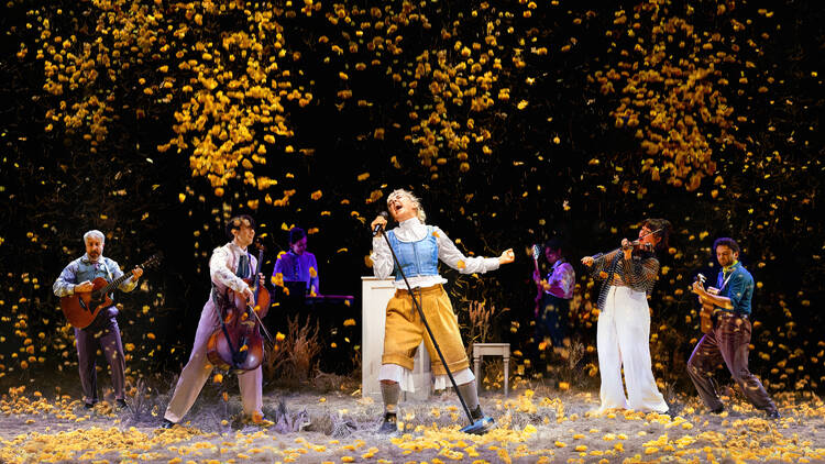 Picture of Drew Livingston, Cameron Bajraktarevic-Hayward, Christina O'Neill et al in My Brilliant Career on stage with confetti everywhere. Picture of Drew Livingston, Cameron Bajraktarevic-Hayward, Christina O'Neill et al in My Brilliant Career on stage with confetti everywhere.
