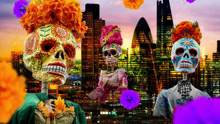 Sugar skulls and colourful Mexican flowers with the London skyline in the background