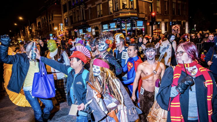 A group of Halloween revelers at the Haunted Halsted Halloween Parade. A group of Halloween revelers at the Haunted Halsted Halloween Parade.