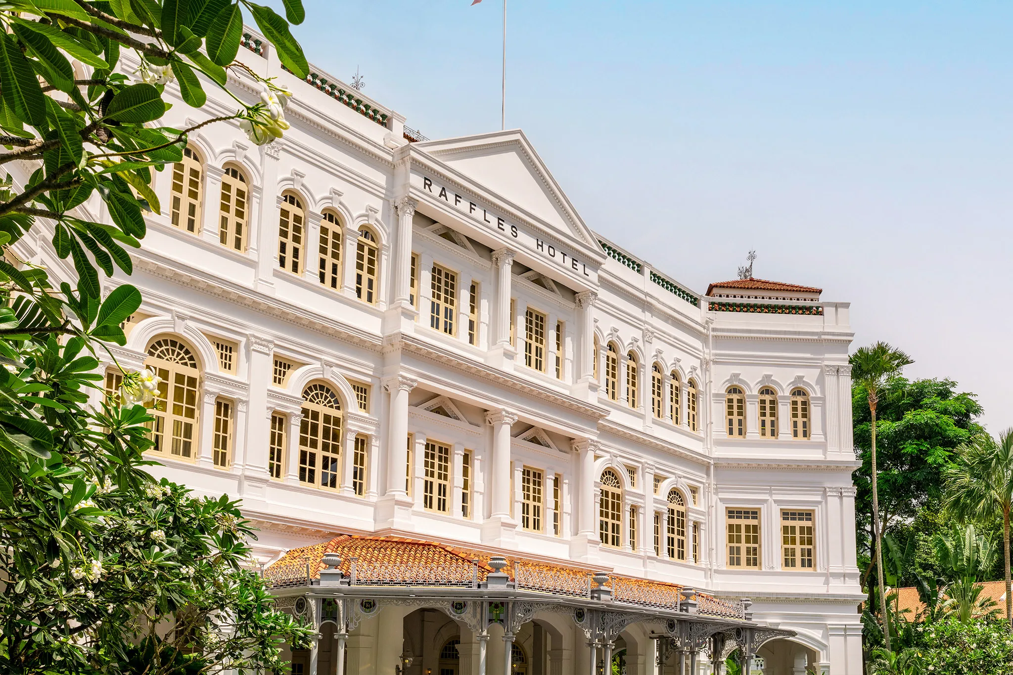 Exterior of white hotel