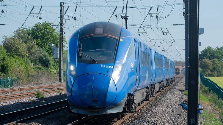 Lumo train southbound near York, England