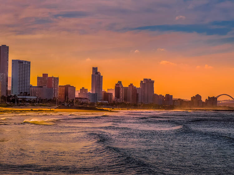 Durban golden mile beach with white sand and skyline South Africa Durban golden mile beach with white sand and skyline KZN South Africa