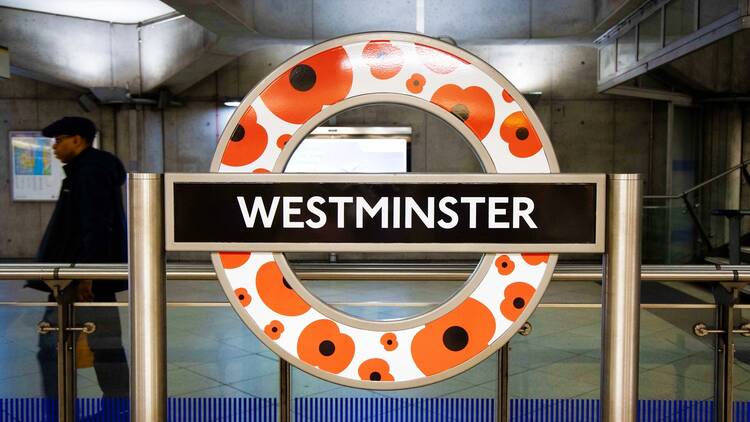 Poppy roundel at Westminster station in London Poppy roundel at Westminster station in London