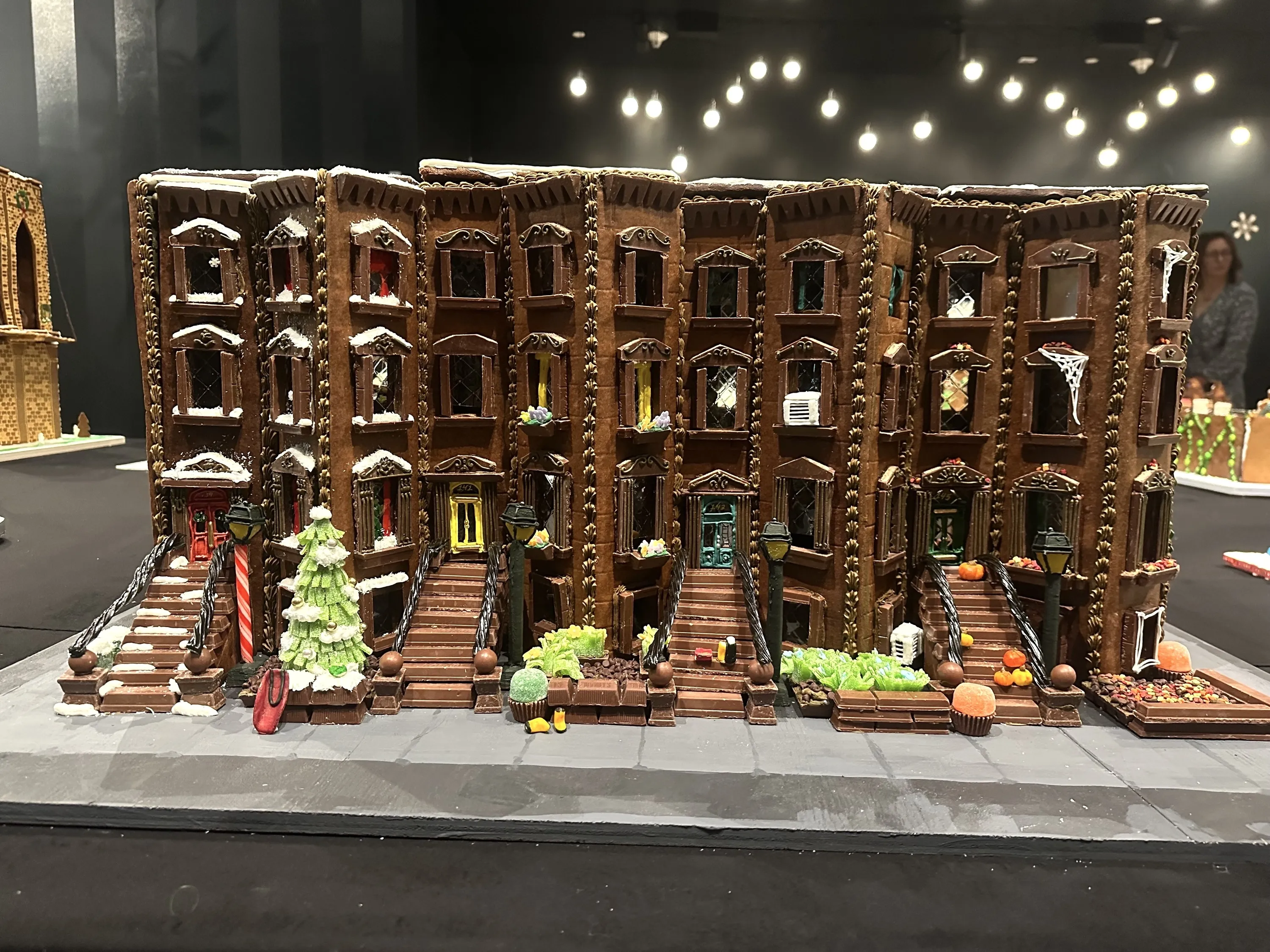Gingerbread rowhouses as part of a Christmas display.