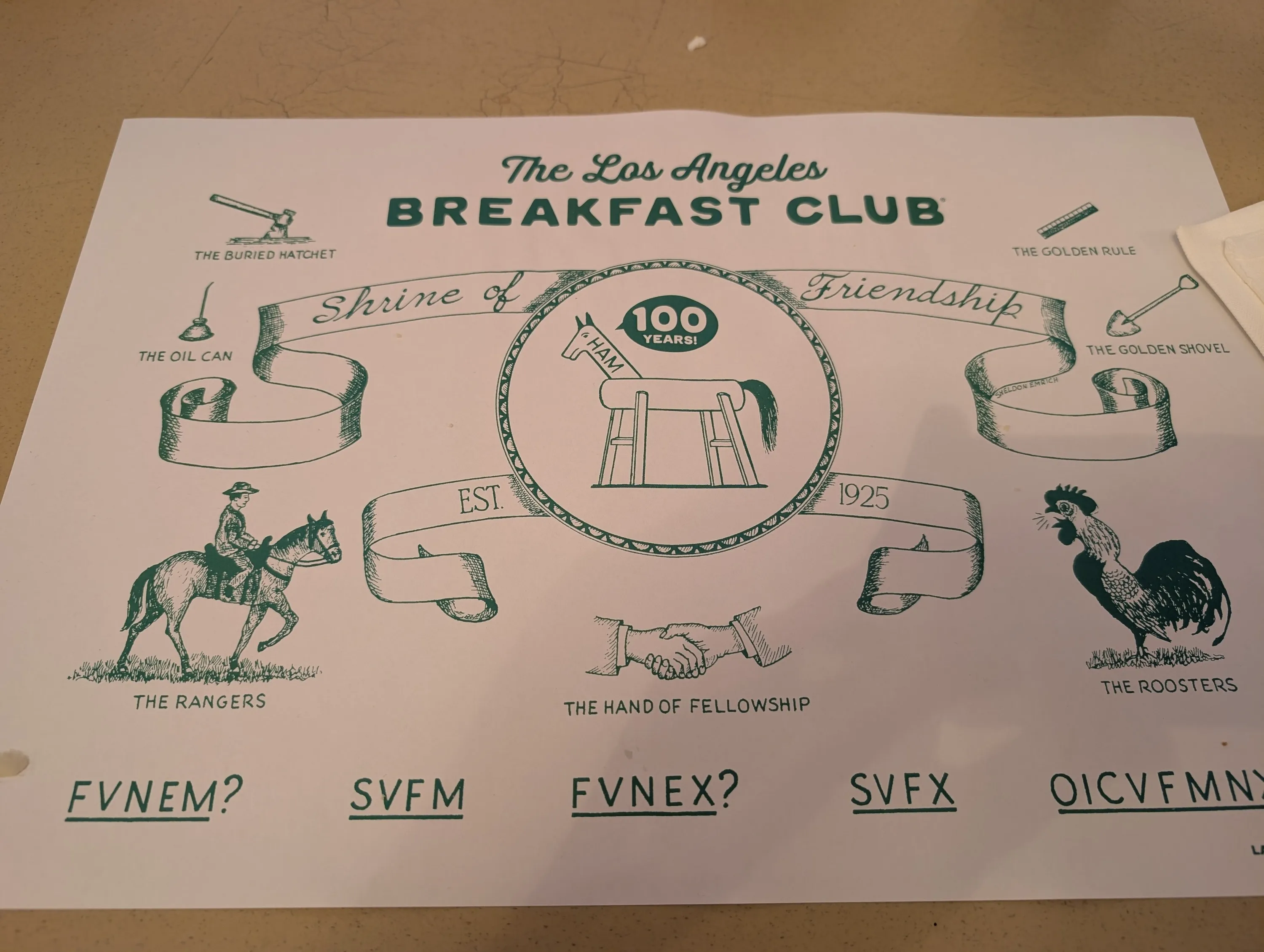 A placemat at the Los Angeles Breakfast Club.