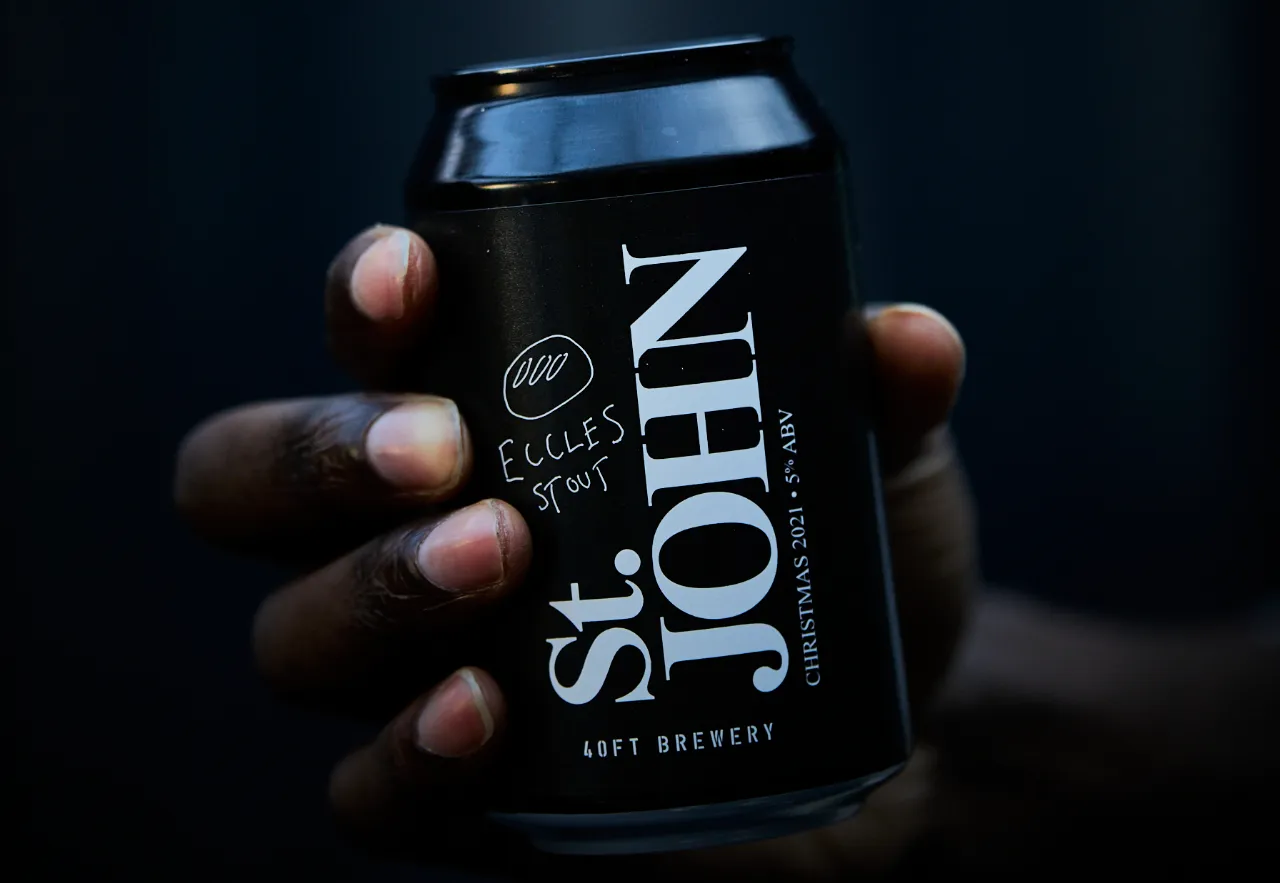 A can of 40ft Brewery and St. JOHN’s Eccles Stout 2025