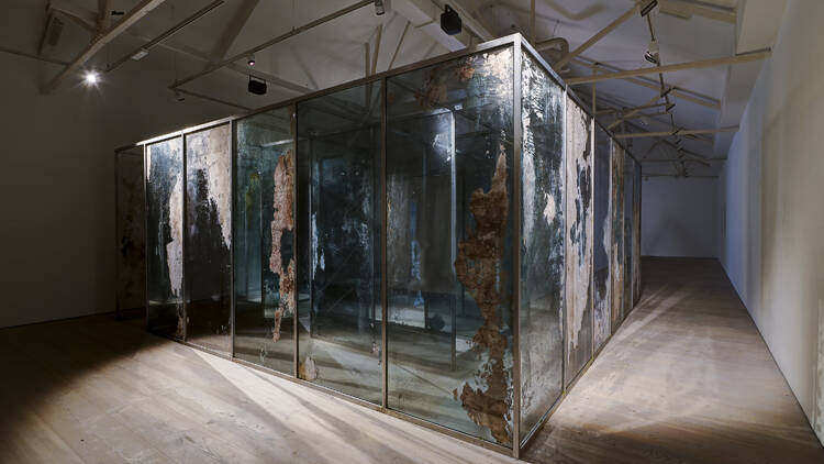 Glass and metal installation inside Saatchi gallery