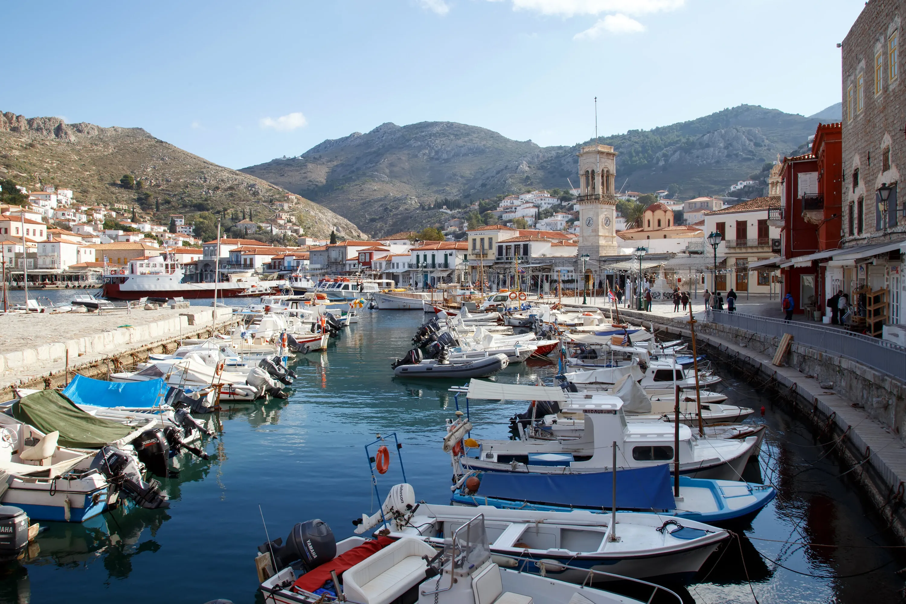 HYDRA TOWN, GREECE - JANUARY 1, 2017: View from the promenade