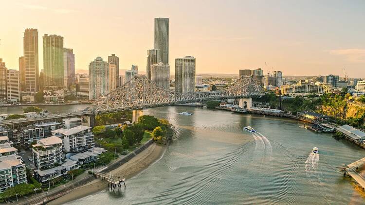 CityCat on Brisbane River with Story Bridge aerial and city views CityCat on Brisbane River with Story Bridge aerial and city views