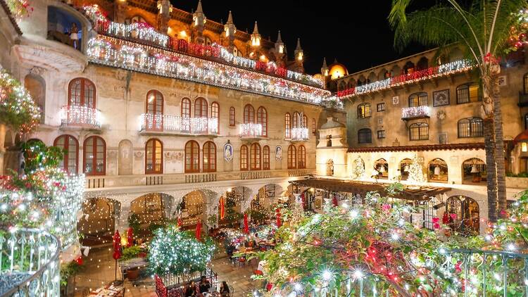 The Mission Inn Festival of Lights The lit-up courtyard of the Mission Inn.