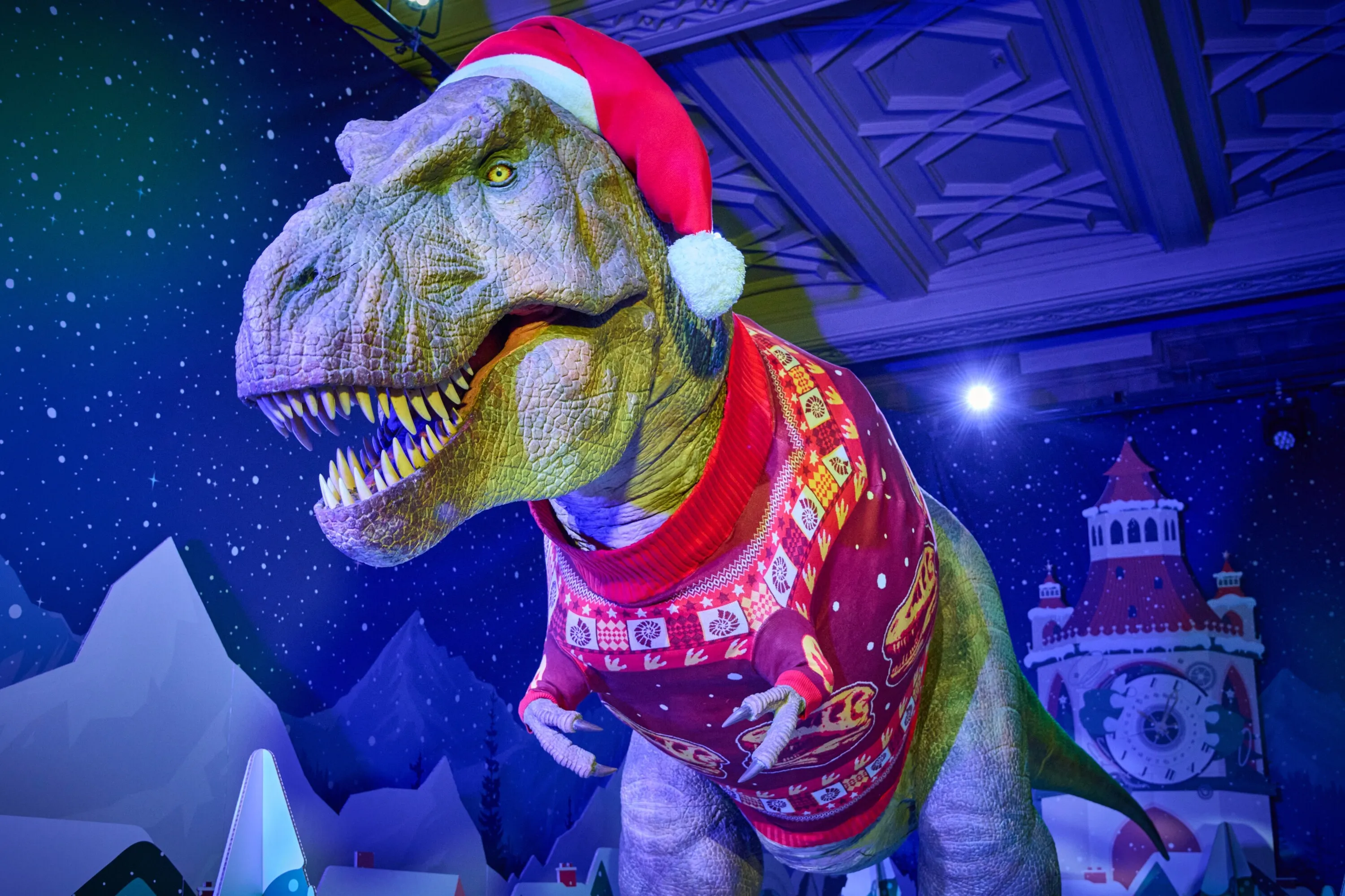 T Rex Christmas display at Natural History Museum