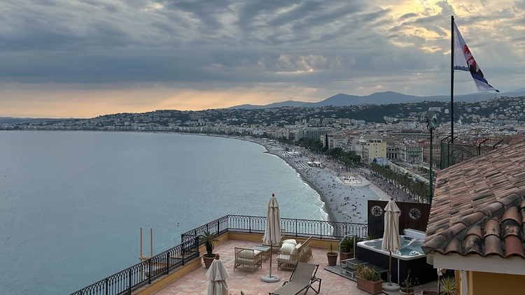 The Promenade des Anglais in Nice at sunset.